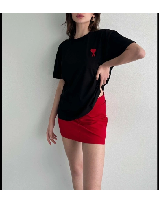 kadın  Bisiklet Yaka Baskılı Oversize T-Shirt - Siyah