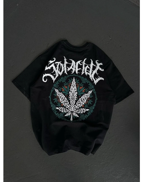 kadın  Bisiklet Yaka Baskılı Oversize T-Shirt - Siyah