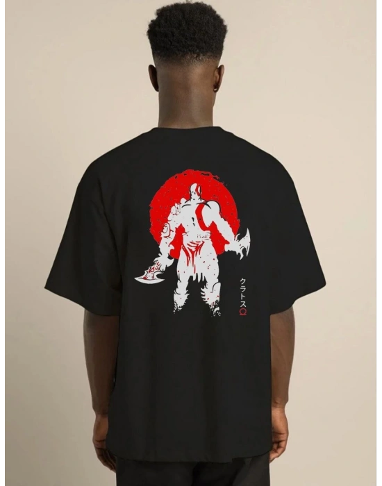 Erkek  Bisiklet Yaka Baskılı Oversize T-Shirt - Siyah