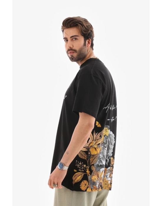 Erkek Bisiklet Yaka Baskılı Oversize T-Shirt - Siyah