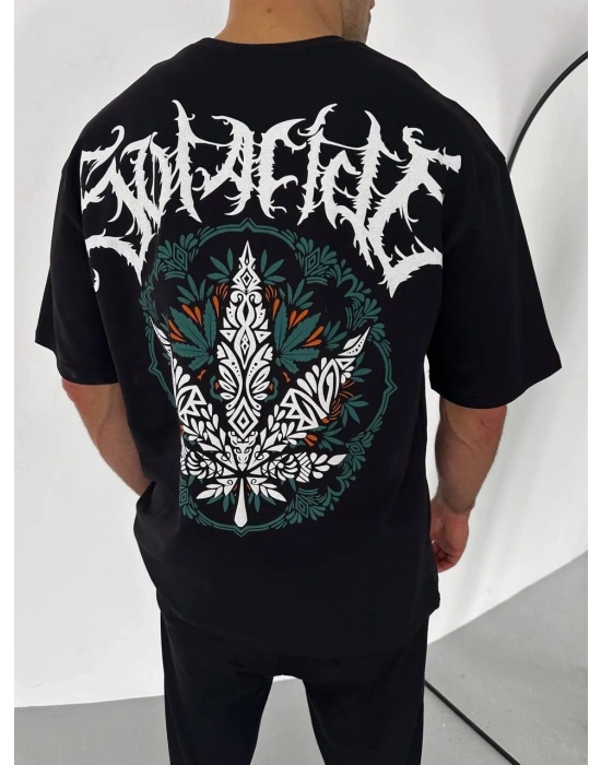 ERKEK Bisiklet Yaka Baskılı Oversize T-Shirt - Siyah