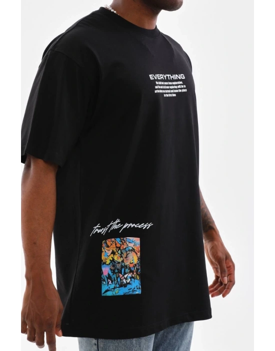 Erkek Bisiklet Yaka Baskılı Oversize T-Shirt - Siyah