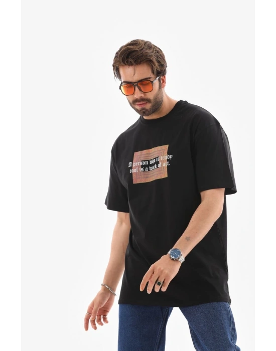 Erkek Bisiklet Yaka Baskılı Oversize T-Shirt - Siyah