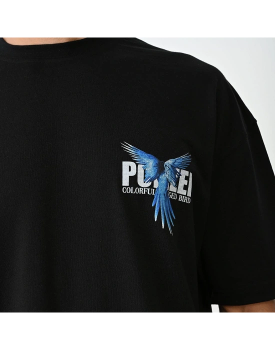 ERKEK Bisiklet Yaka Baskılı Oversize T-Shirt - Siyah