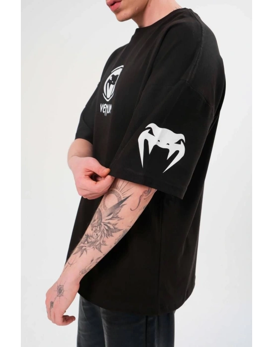 Erkek  Bisiklet Yaka Baskılı Oversize T-Shirt - Siyah