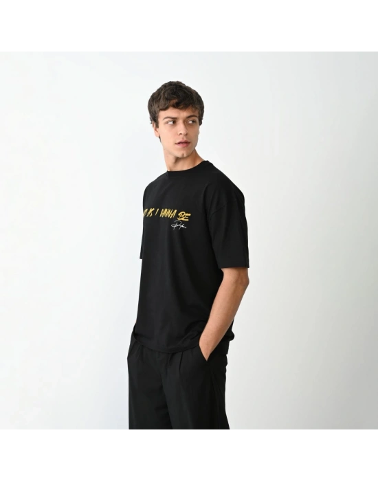 ERKEK Bisiklet Yaka Baskılı Oversize T-Shirt - Siyah