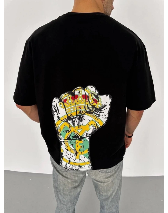 ERKEK Bisiklet Yaka Baskılı Oversize T-Shirt - Siyah