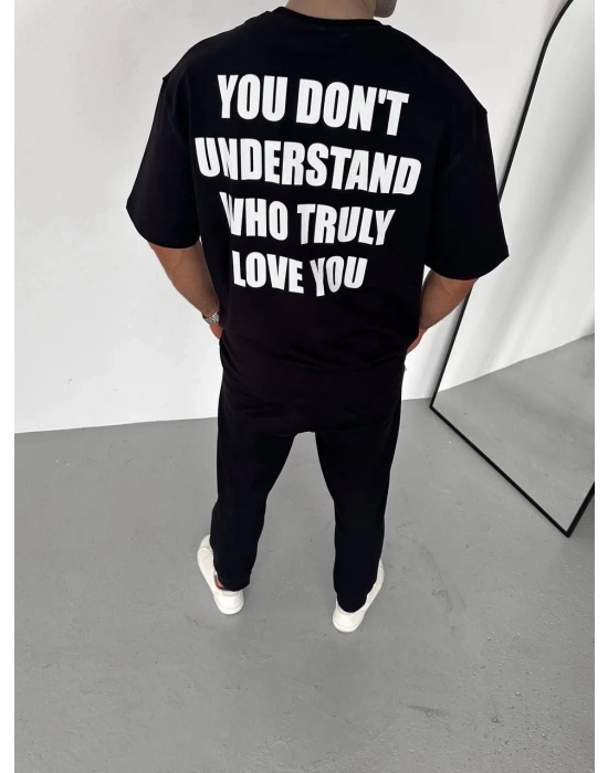 ERKEK Bisiklet Yaka Baskılı Oversize T-Shirt - Siyah