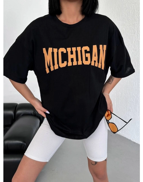 kadın Bisiklet Yaka Baskılı Oversize T-Shirt - Siyah