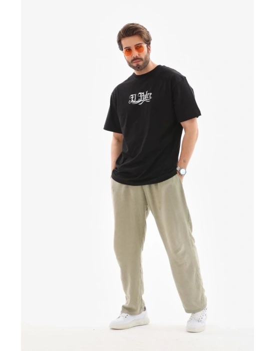 Erkek Bisiklet Yaka Baskılı Oversize T-Shirt - Siyah