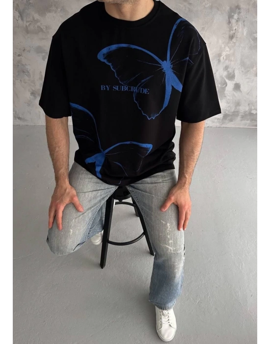Erkek  Bisiklet Yaka Baskılı Oversize T-Shirt - Siyah