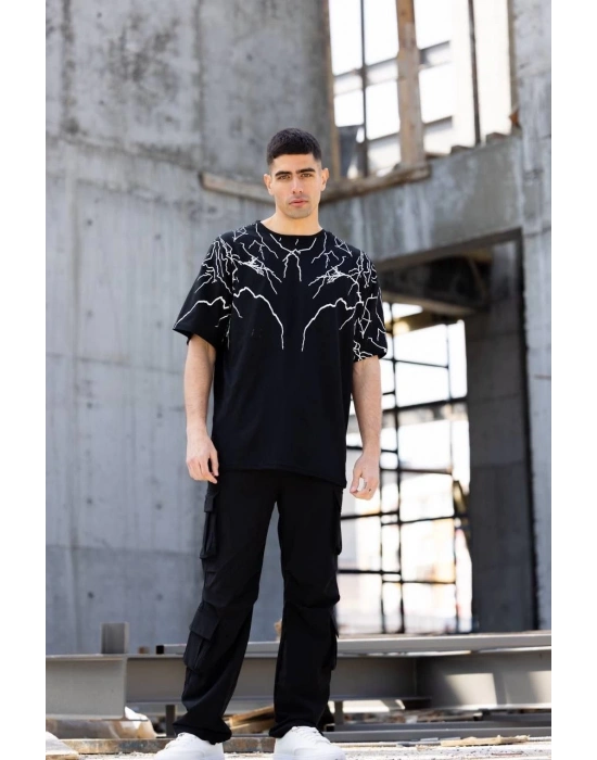 ERKEK Bisiklet Yaka Baskılı Oversize T-Shirt - Siyah