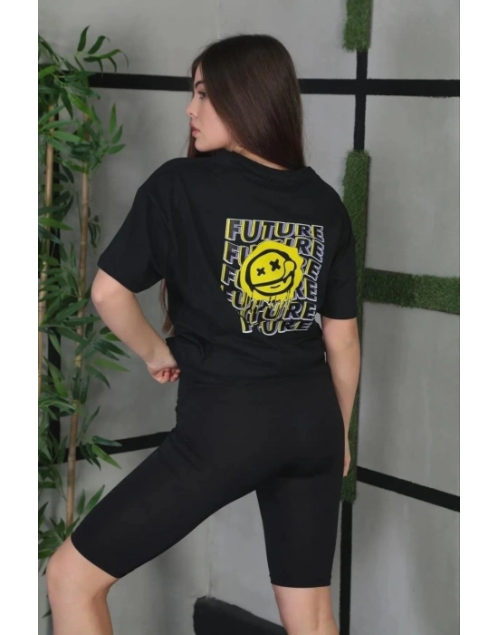 Kadın Bisiklet Yaka Baskılı Oversize T-Shirt - Siyah