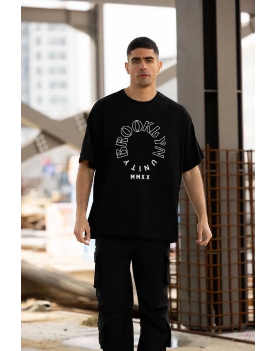 Unisex Bisiklet Yaka Baskılı Oversize T-Shirt - Siyah