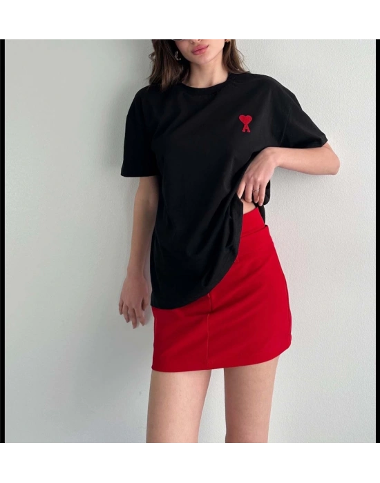 kadın  Bisiklet Yaka Baskılı Oversize T-Shirt - Siyah