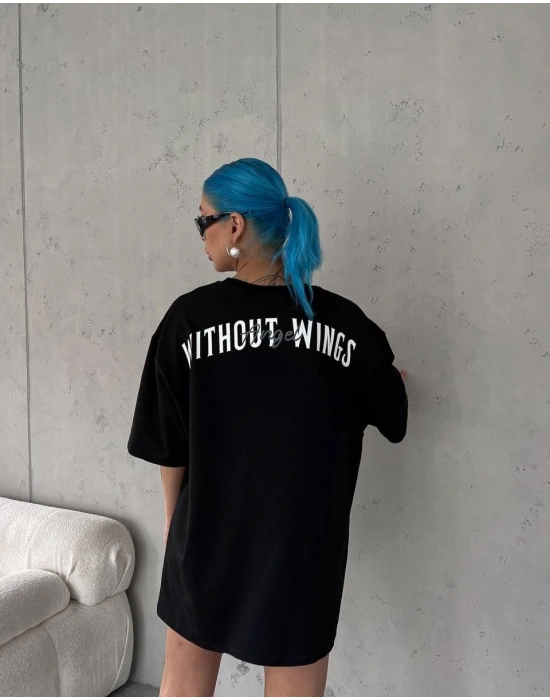 kadın Bisiklet Yaka Baskılı Oversize T-Shirt - Siyah