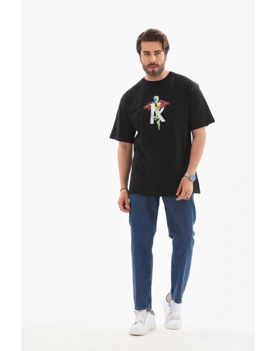 Erkek Bisiklet Yaka Baskılı Oversize T-Shirt - Siyah