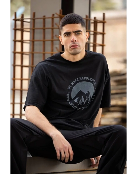 Unisex Bisiklet Yaka Baskılı Oversize T-Shirt - Siyah