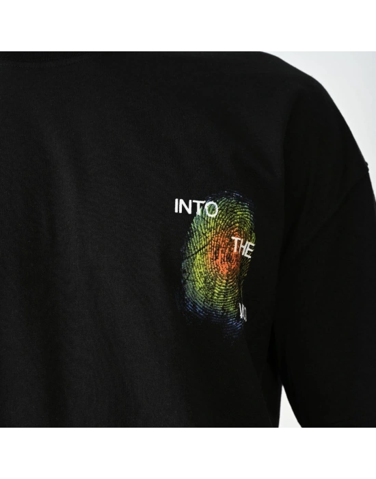 Erkek Bisiklet Yaka Baskılı Oversize T-Shirt - Siyah