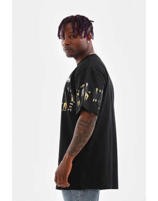 Erkek Bisiklet Yaka Baskılı Oversize T-Shirt - Siyah