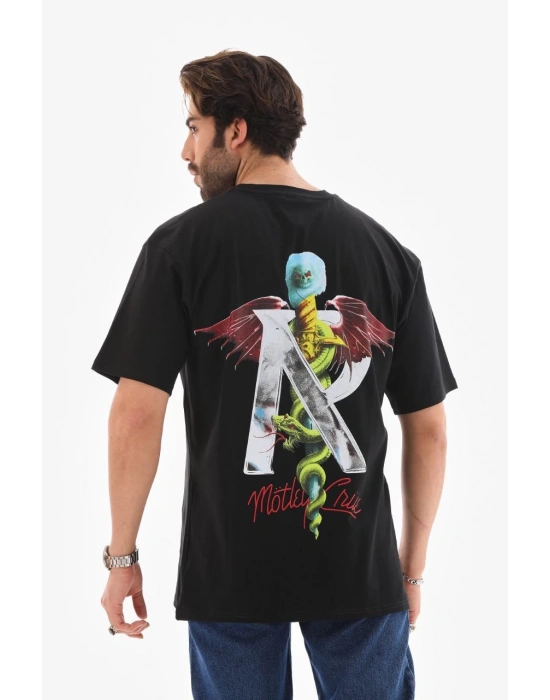 Erkek Bisiklet Yaka Baskılı Oversize T-Shirt - Siyah