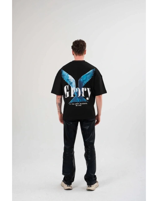 Erkek Bisiklet Yaka Baskılı Oversize T-Shirt - Siyah