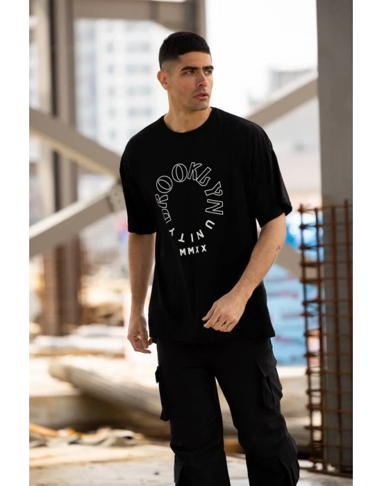 Unisex Bisiklet Yaka Baskılı Oversize T-Shirt - Siyah