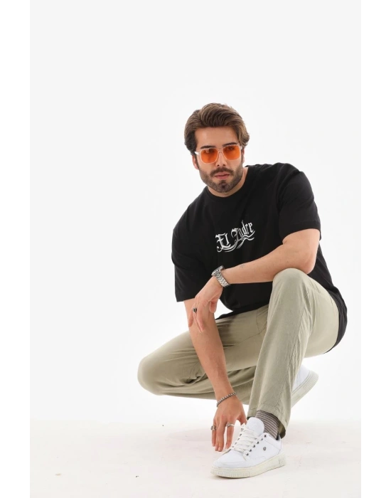 Erkek Bisiklet Yaka Baskılı Oversize T-Shirt - Siyah