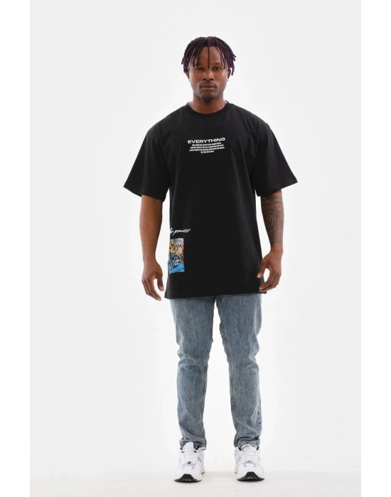 Erkek Bisiklet Yaka Baskılı Oversize T-Shirt - Siyah