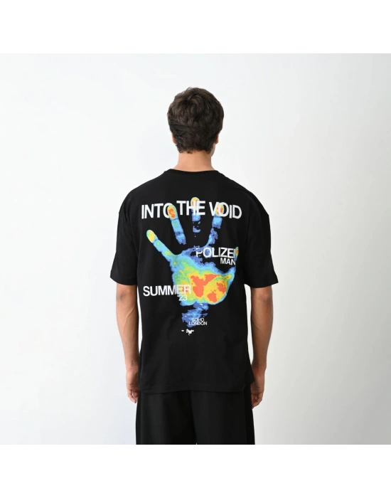 Erkek Bisiklet Yaka Baskılı Oversize T-Shirt - Siyah