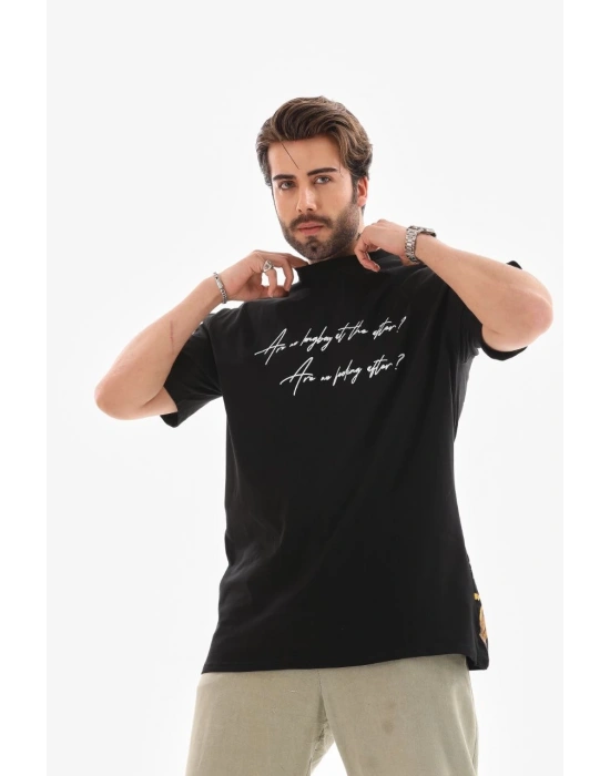 Erkek Bisiklet Yaka Baskılı Oversize T-Shirt - Siyah