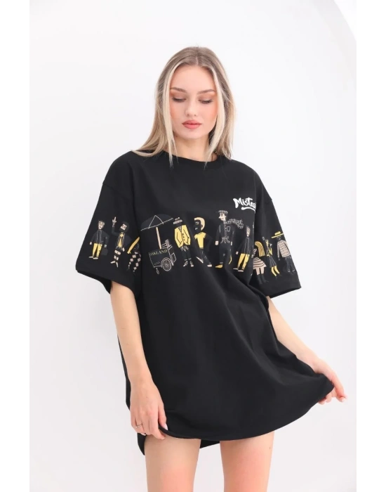 kadın  Bisiklet Yaka Baskılı Oversize T-Shirt - Siyah