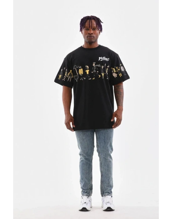 Erkek Bisiklet Yaka Baskılı Oversize T-Shirt - Siyah