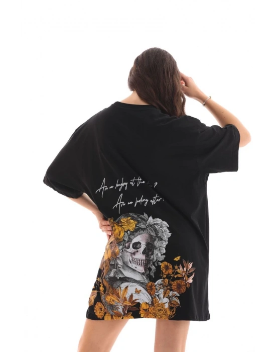 kadın  Bisiklet Yaka Baskılı Oversize T-Shirt - Siyah