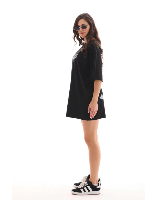 kadın Bisiklet Yaka Baskılı Oversize T-Shirt - Siyah