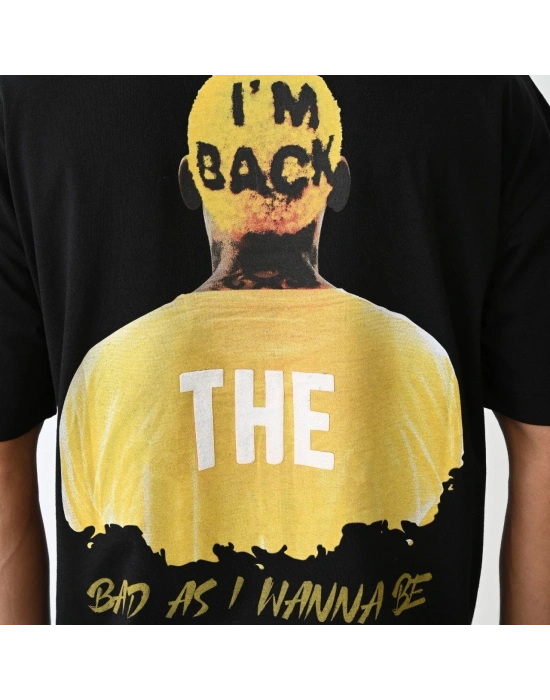 ERKEK Bisiklet Yaka Baskılı Oversize T-Shirt - Siyah