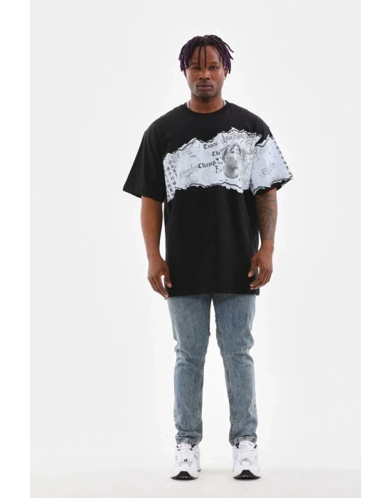 Erkek  Bisiklet Yaka Baskılı Oversize T-Shirt - Siyah