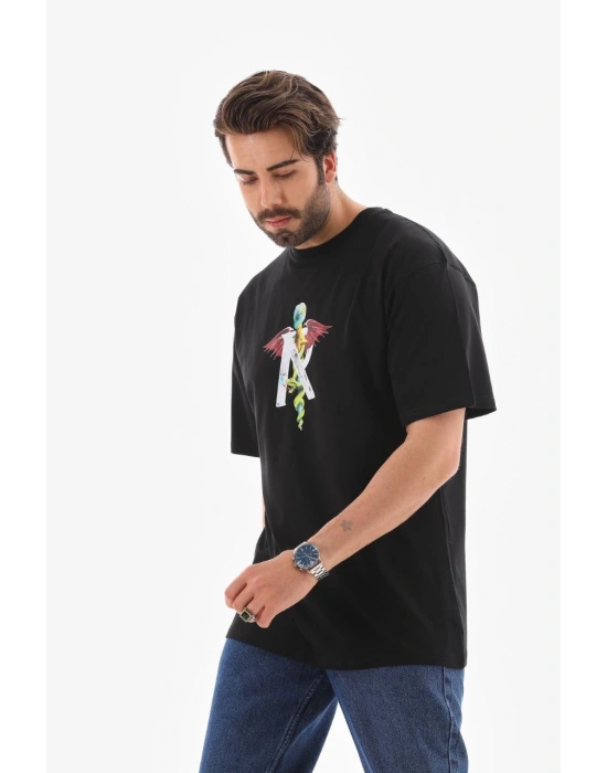 Erkek Bisiklet Yaka Baskılı Oversize T-Shirt - Siyah