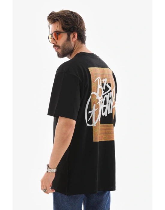 Erkek Bisiklet Yaka Baskılı Oversize T-Shirt - Siyah