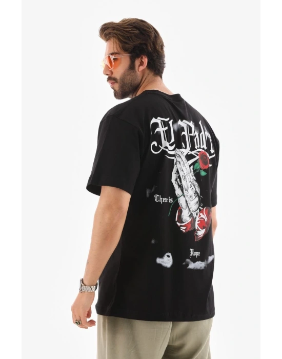 Erkek Bisiklet Yaka Baskılı Oversize T-Shirt - Siyah