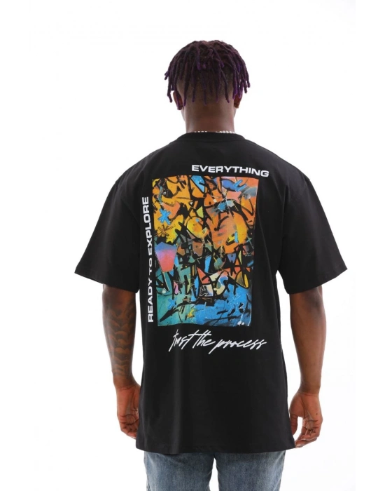 Erkek Bisiklet Yaka Baskılı Oversize T-Shirt - Siyah