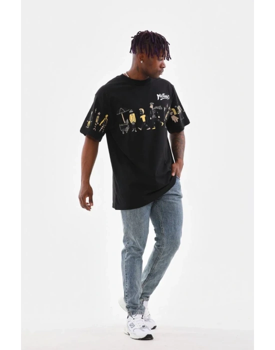 Erkek Bisiklet Yaka Baskılı Oversize T-Shirt - Siyah