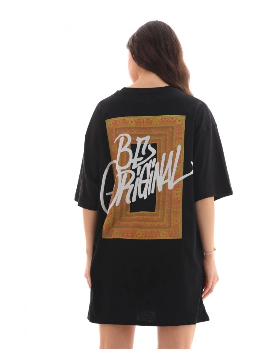 kadın Bisiklet Yaka Baskılı Oversize T-Shirt - Siyah