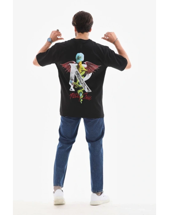 Erkek Bisiklet Yaka Baskılı Oversize T-Shirt - Siyah