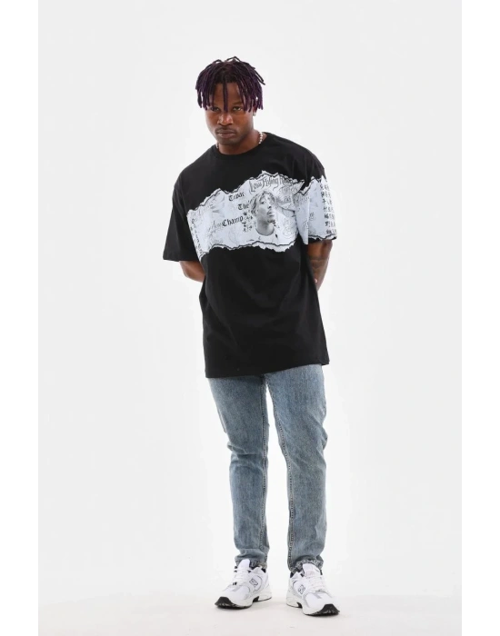 Erkek  Bisiklet Yaka Baskılı Oversize T-Shirt - Siyah