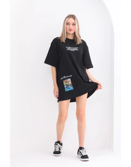 kadın  Bisiklet Yaka Baskılı Oversize T-Shirt - Siyah