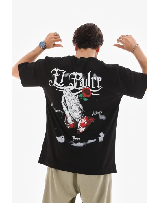 Erkek Bisiklet Yaka Baskılı Oversize T-Shirt - Siyah