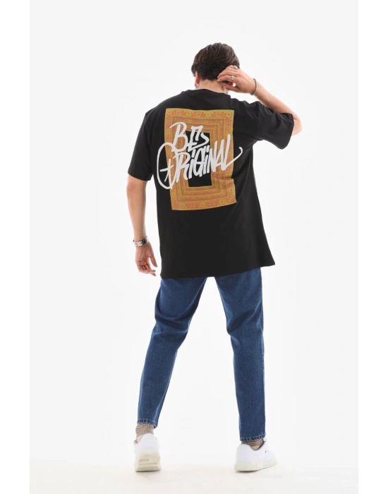 Erkek Bisiklet Yaka Baskılı Oversize T-Shirt - Siyah