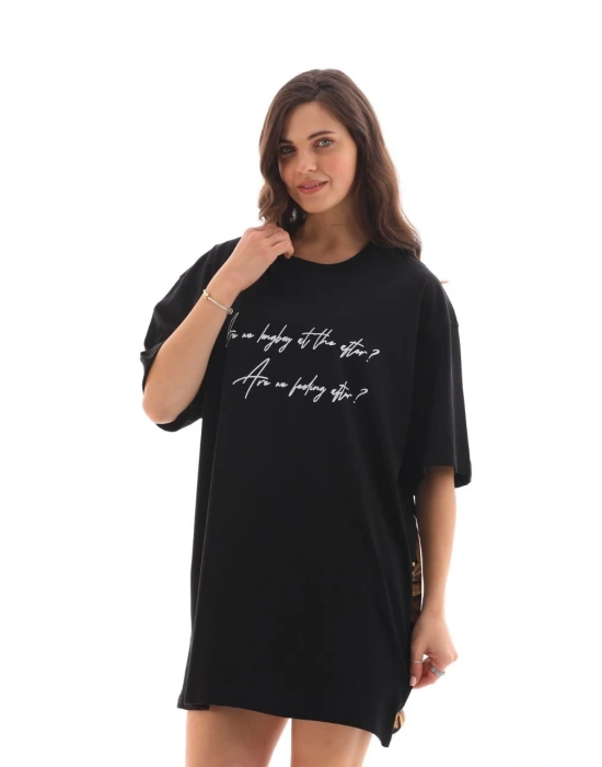 kadın  Bisiklet Yaka Baskılı Oversize T-Shirt - Siyah