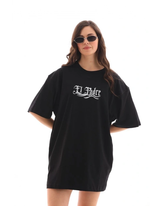 kadın Bisiklet Yaka Baskılı Oversize T-Shirt - Siyah